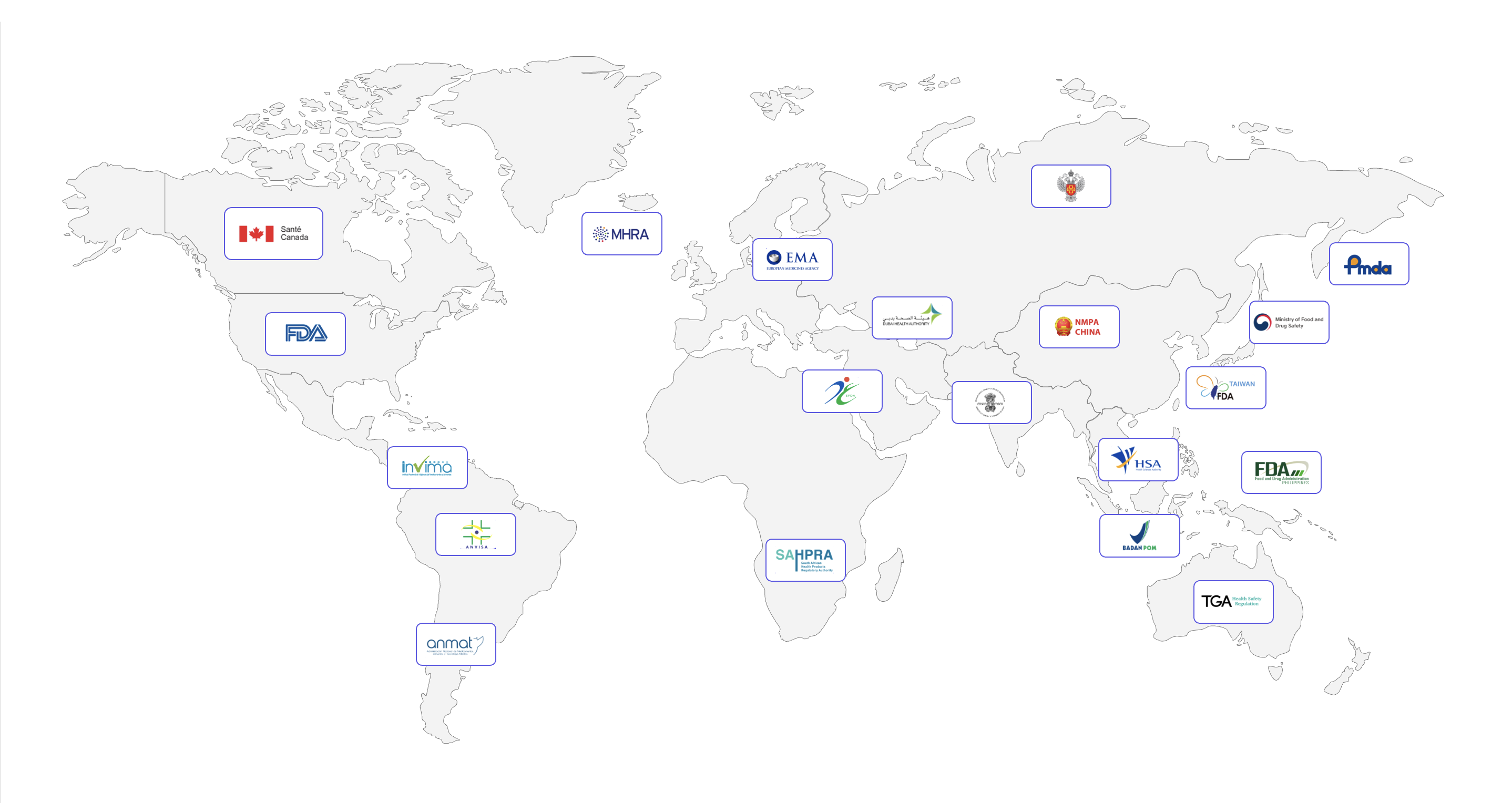 World map showing global regulatory agencies